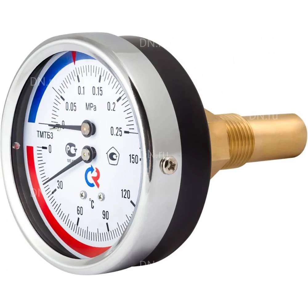 Термоманометр Росма ТМТБ-31Т.1 (0-120°C) (0-0.25МПa) G1/2 2,5, корпус 80мм, тип - ТМТБ-31T.1, длина клапана 46мм, до 120°С, осевое присоединение, 0-0.25МПa, резьба G1/2, класс точности 2.5