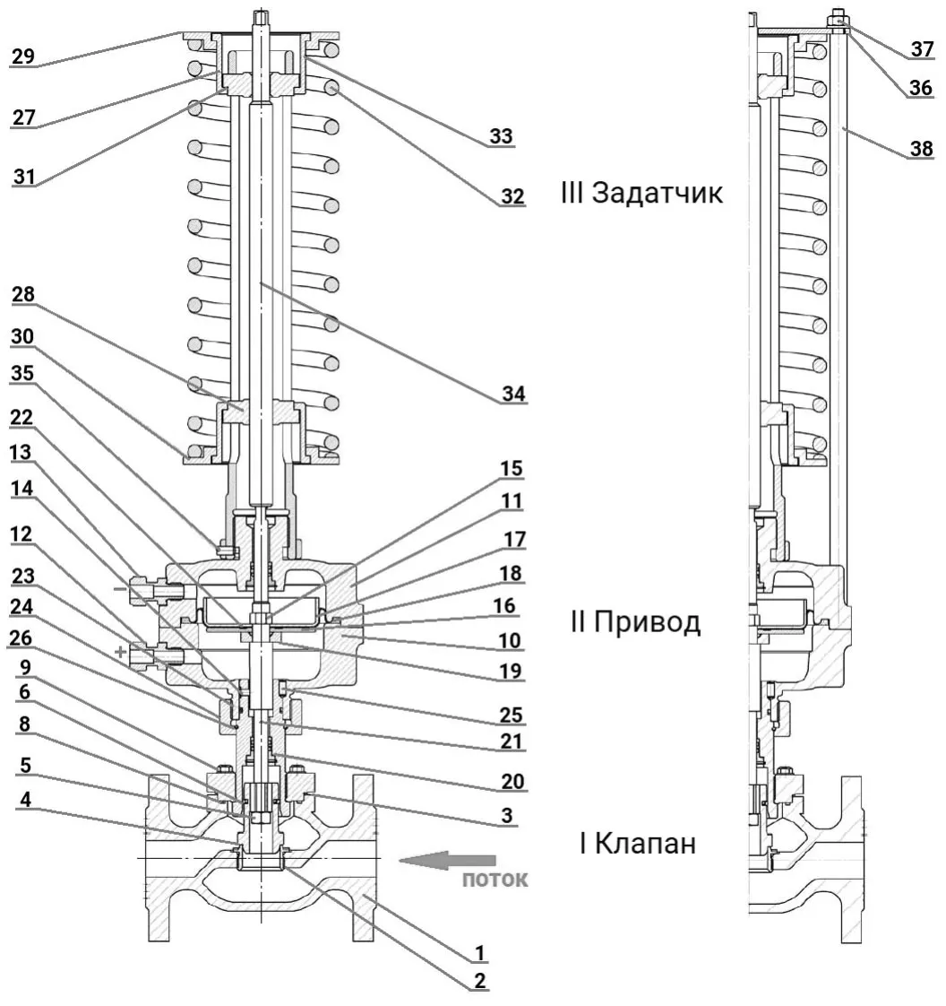 Регулятор давления до себя PRB1030N-F-DA Ду25 Ру16 Kvs10 прямого действия, серый чугун СЧ20, фланцевый, Tmax до 150°С, диапазон настройки 4 (6 - 12 кгс/см2)