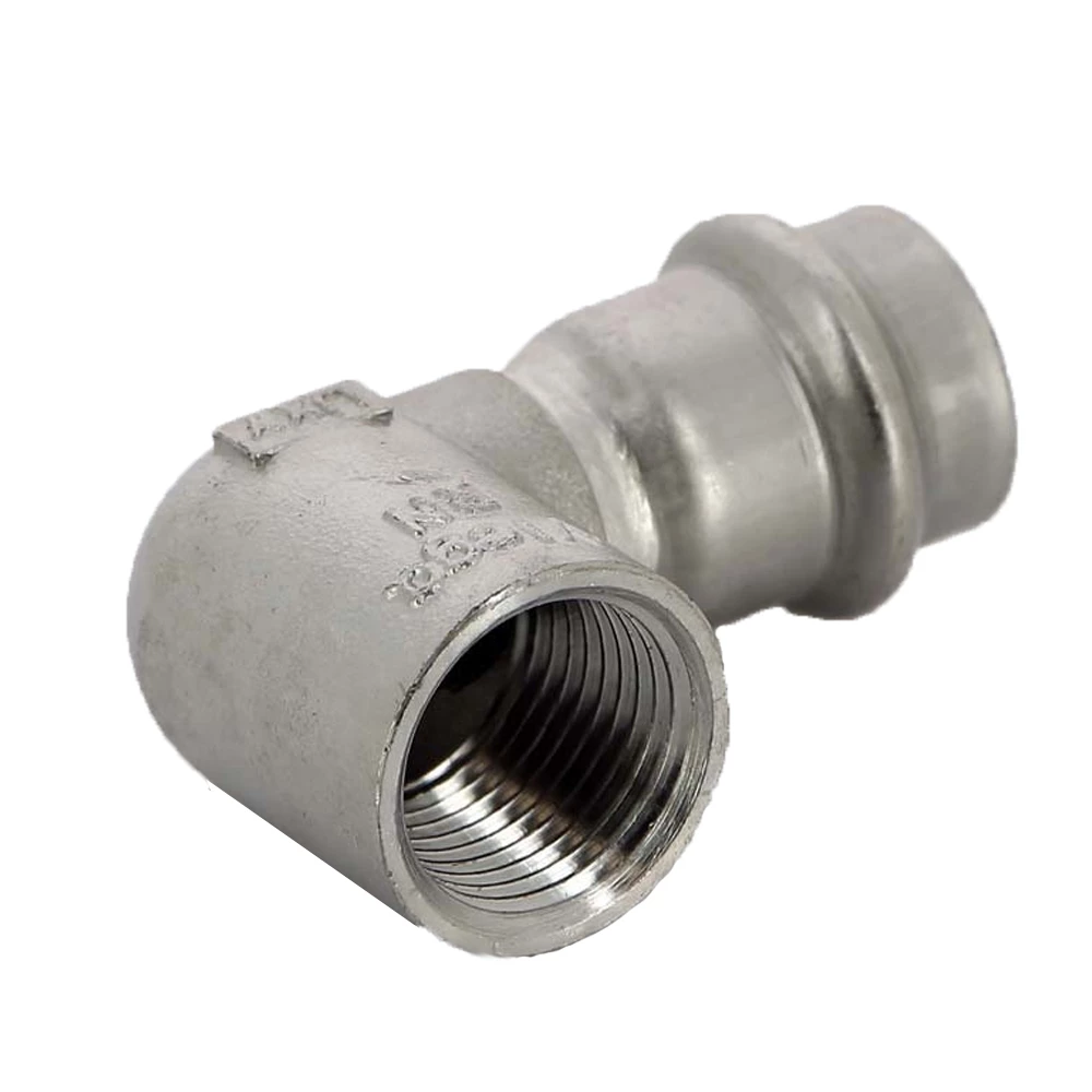 Угольник Viega Sanpress Inox SC-Contur 2314.2 Дн18х1/2″ Ру16 с разъемным соединением и плоской прокладкой, из нержавеющей стали, 90°, внутренняя резьба / пресс