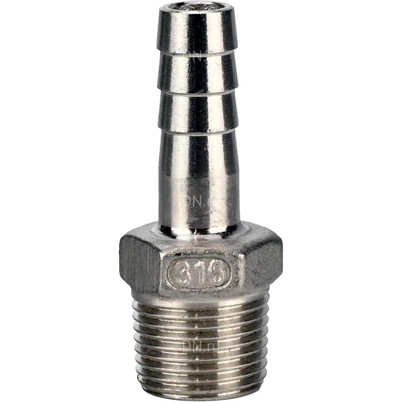 Штуцер елочка BF32-T-3/8-12 3/8″х12мм Ду10 Ру16 шланговый, корпус - нержавеющая сталь AISI 316 (CF8M), присоединение - наружная резьба/штуцер