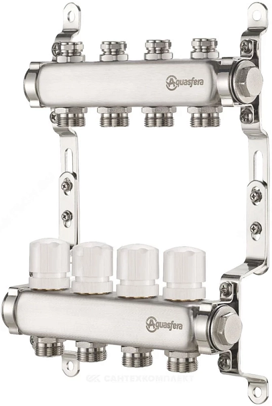 Группа коллекторная Aquasfera 9504 Ду25 Ру10 внутренняя резьба, выходов 7х3/4″ наружная резьба под евроконус с балансировочными и регулирующими клапанами, нержавеющая сталь
