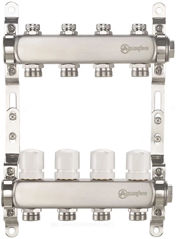 Группа коллекторная Aquasfera 9504 Ду25 Ру10 внутренняя резьба, выходов 7х3/4″ наружная резьба под евроконус с балансировочными и регулирующими клапанами, нержавеющая сталь